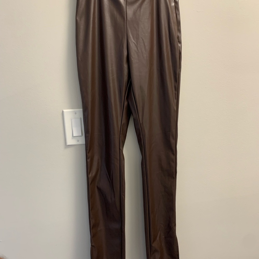High waisted brown (p)leather pants w/ split leg